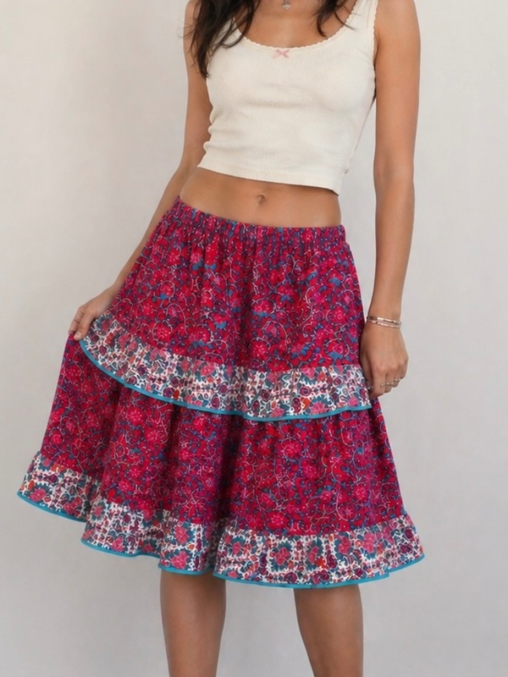 Krist Gudnason Floral Tiered Boho Skirt Red Prairie Cottagecore Small